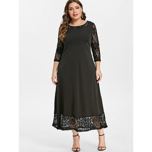 Plus Size Simple Elegant Lace Long Sleeve Dress - Picture 2 of 8